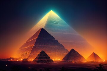 Desert with the great pyramids of ancient Egypt. Giza with pyramids. Fantasy desert landscape. Illuminated neon pyramids. 3D illustration. - obrazy, fototapety, plakaty