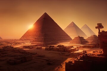Obraz na płótnie Canvas Desert with the great pyramids of ancient Egypt. Giza with pyramids. Fantasy desert landscape. Illuminated neon pyramids. 3D illustration.