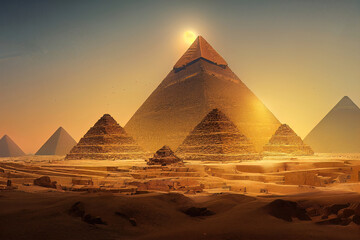 Desert with the great pyramids of ancient Egypt. Giza with pyramids. Fantasy desert landscape. Illuminated neon pyramids. 3D illustration.