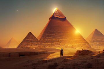 Desert with the great pyramids of ancient Egypt. Giza with pyramids. Fantasy desert landscape. Illuminated neon pyramids. 3D illustration. - obrazy, fototapety, plakaty