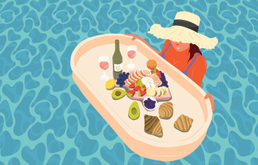 Woman swimming in pool with floating breakfast. Girl resting on vacation. Summer breakfast in swimming pool. Flat Vector