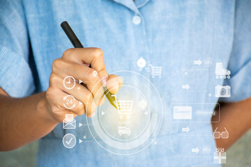 Businessman online shopping, spending money, work from home concept, ordering or selling online with modern concept of people at home.