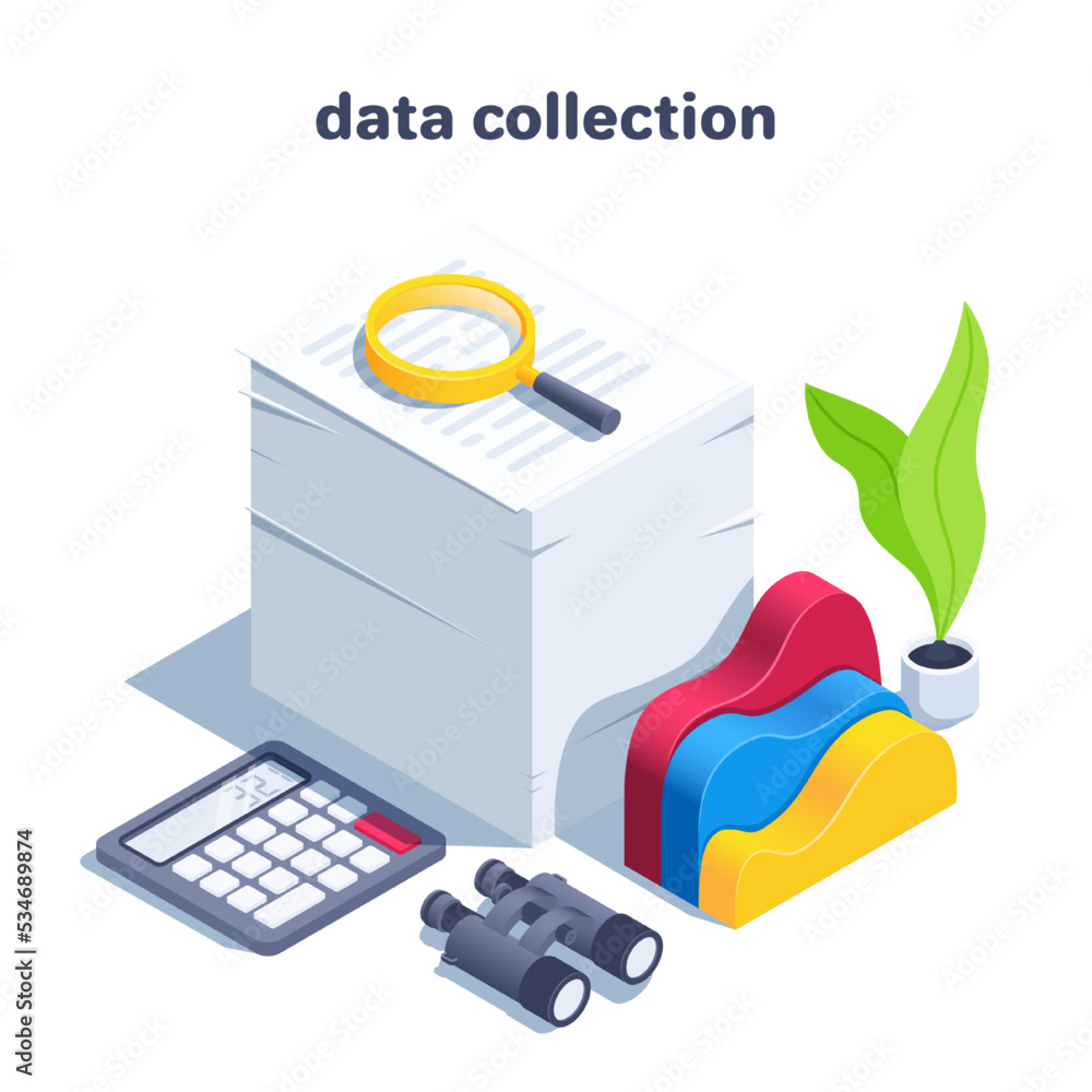 Poster isometric vector illustration isolated on white background, stack of papers with magnifying glass ne