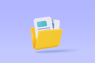 3d folder and paper for management file, document efficient work on project plan concept. Document cartoon style minimal folder with files icon. 3d vector render on isolated purple pastel background - obrazy, fototapety, plakaty