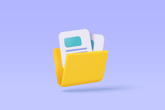 3d folder and paper for management file, document efficient work on project plan concept. Document cartoon style minimal folder with files icon. 3d vector render on isolated purple pastel background