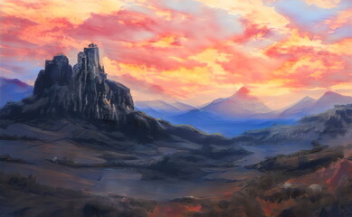 Naklejka na ściany i meble Fantastic Epic Magical Landscape of Mountains. Summer nature. Mystic Valley, tundra, forest, hills. Game assets. Celtic Medieval RPG gaming background. Rocks and grass. Sunrise and sunset