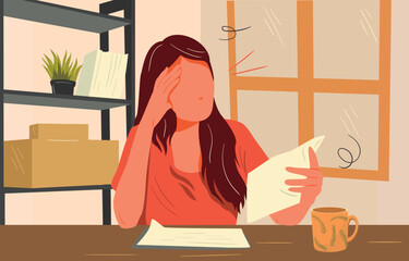 Woman with headache stress symptom. Concept of illness, vertigo, headache, dizziness, sickness. Flat Vector Illustration