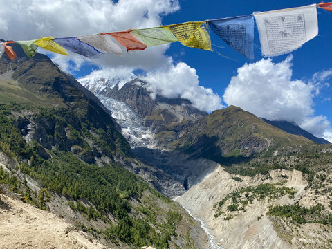 Tibetan buddhist flags on the Himalayas mountains Nepal