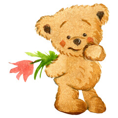 watercolor illustration with a teddy bear holding a flower and being shy