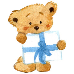 watercolor illustration with a teddy bear holding a gift and being shy