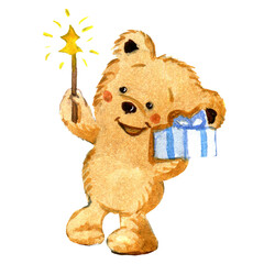 watercolor illustration with a teddy bear holding a gift and sparklers
