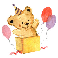 watercolor illustration with a teddy bear in a gift box with balloons