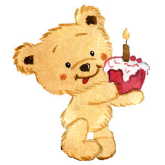 watercolor illustration with a teddy bear holding a cake