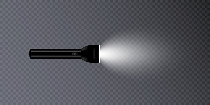 Black flashlight with light on a transparent background.