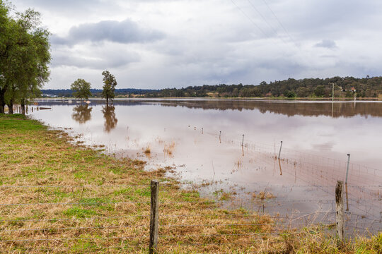 Floodwaters rising up towards farm paddock during natural disaster flood event