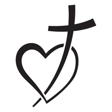 Christian cross icon in heart shape. Abstract religious symbol. Vector illustration. Love concept.
