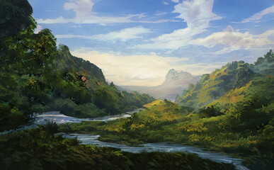 Fototapeta na wymiar Fantastic Epic Magical Landscape of Mountains. Summer nature. Mystic Valley, tundra, forest, hills. Game assets. Celtic Medieval RPG gaming background. Rocks and grass. Lake and River