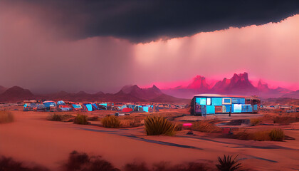 Fantasy trailer park in the desert cyberpunk city with dramatic sky background. 3D illustration