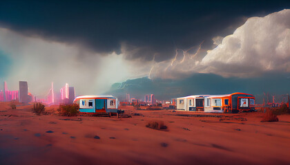 Fantasy trailer park in the desert with cyberpunk city, dramatic sky with lightning strike. 3D illustration