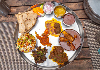 Non-Vegetarian food thali or platter from Maharashtra, India