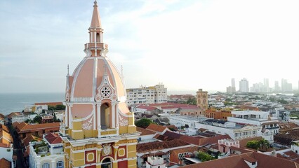 Colombia , Cartagena de Indias - Drone aerial view of the historic colonial style downtown with the...