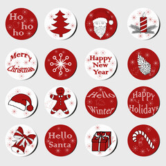 Christmas and New Year gift round stickers. Christmas labels. Hand drawing decorative elements. Collection of festive Christmas stickers in red and white color. Texture. Vector. Winter lettering.