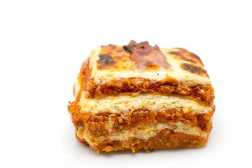 Pork Lasagna on white background.