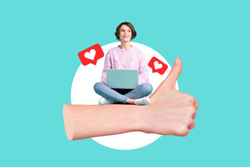 Collage 3d image of pinup pop retro sketch of lady typing modern device sitting arm thumb up isolated painting background