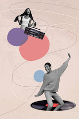 Magazine collage poster of white black gamma two ladies youngsters dancing on rock techno tape recorder turntable plate