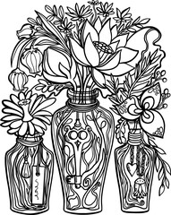 Fantasy flowers, leaves with vintage keys and gems in bottles. Coloring page antistress for children and adults. Vector illustration isolated on white background