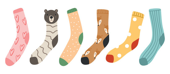 Set, collection of colorful socks icons with different ornaments isolated on white background.