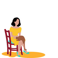 Cute girl wearing yellow dress is sitting on chair by cross legged on chair with her cat on white background.Vector isolate flat design illustration for  woman spending time with her domestic animals.