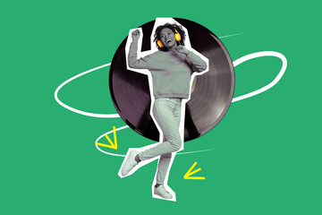 Creative abstract template collage of funny funky young woman listening music earphones have fun vinyl recorder retro vintage soundtrack