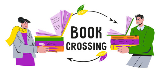 Book crossing and reuse eco-friendly initiative banner for website or print, flat vector illustration isolated on white background. Book crossing and used things sharing banner or poster mockup.