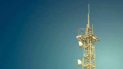 Banner with telecommunication tower with many transmitters and receivers for various radio...