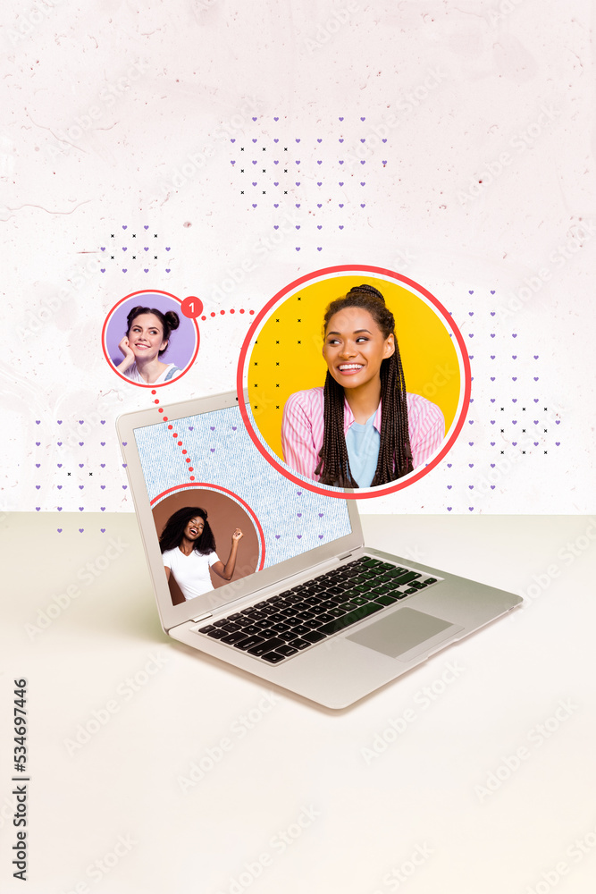 Aufkleber creative 3d photo artwork graphics painting of happy smiling best ladies communicating modern device