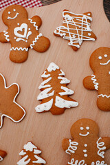 Gingerbread cookies in hands on the background of the New Year tree. Christmas home concept. 