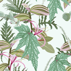 Floral seamless pattern, pink tropical  leaves and lilies flowers on white background.