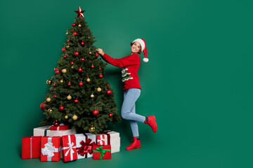 Full size portrait of cheerful pretty girl hanging bauble toys tree magic time isolated on green color background