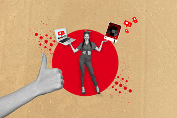 Photo sketch graphics artwork picture of happy smiling lady showing alternative modern vs retro...