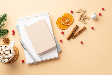 New Year concept. Top view photo of bauble wood reindeer ornament planners mug of hot drinking with marshmallow fir branch cinnamon sticks mistletoe dried orange slices on isolated beige background