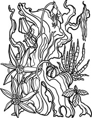 Fantasy star flowers and succulent on old piece of wood. Coloring page antistress for children and adults. Vector illustration isolated on white background
