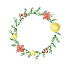Christmas wreath with pine, holy, red berries, poinsettia