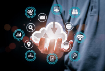 Businessman holding big data analytics and business intelligence concept. with chart and graph icons on a digital screen interface and a businessman in background