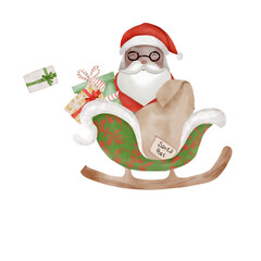 Santa Claus with sleigh . Watercolor illustration, in cartoon style on an isolated background, for celebrating Christmas