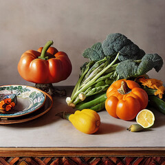 vegetables on a table with beige background