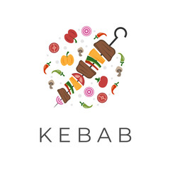 Shashlik kebab shish kebab vector illustration logo with fresh vegetables