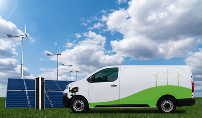Electric van with charging station on a background of solar panel and wind turbines.  © scharfsinn86