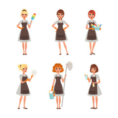 Maid in uniform with cleaning supplies set. Cleaning company staff vector illustration