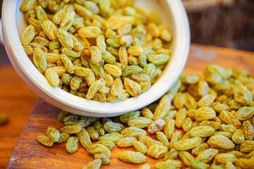 Studio shooting green raisins, healthy nutritious food